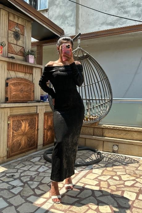 Kayık Yaka Kaşkorse Yaldızlı Elbise