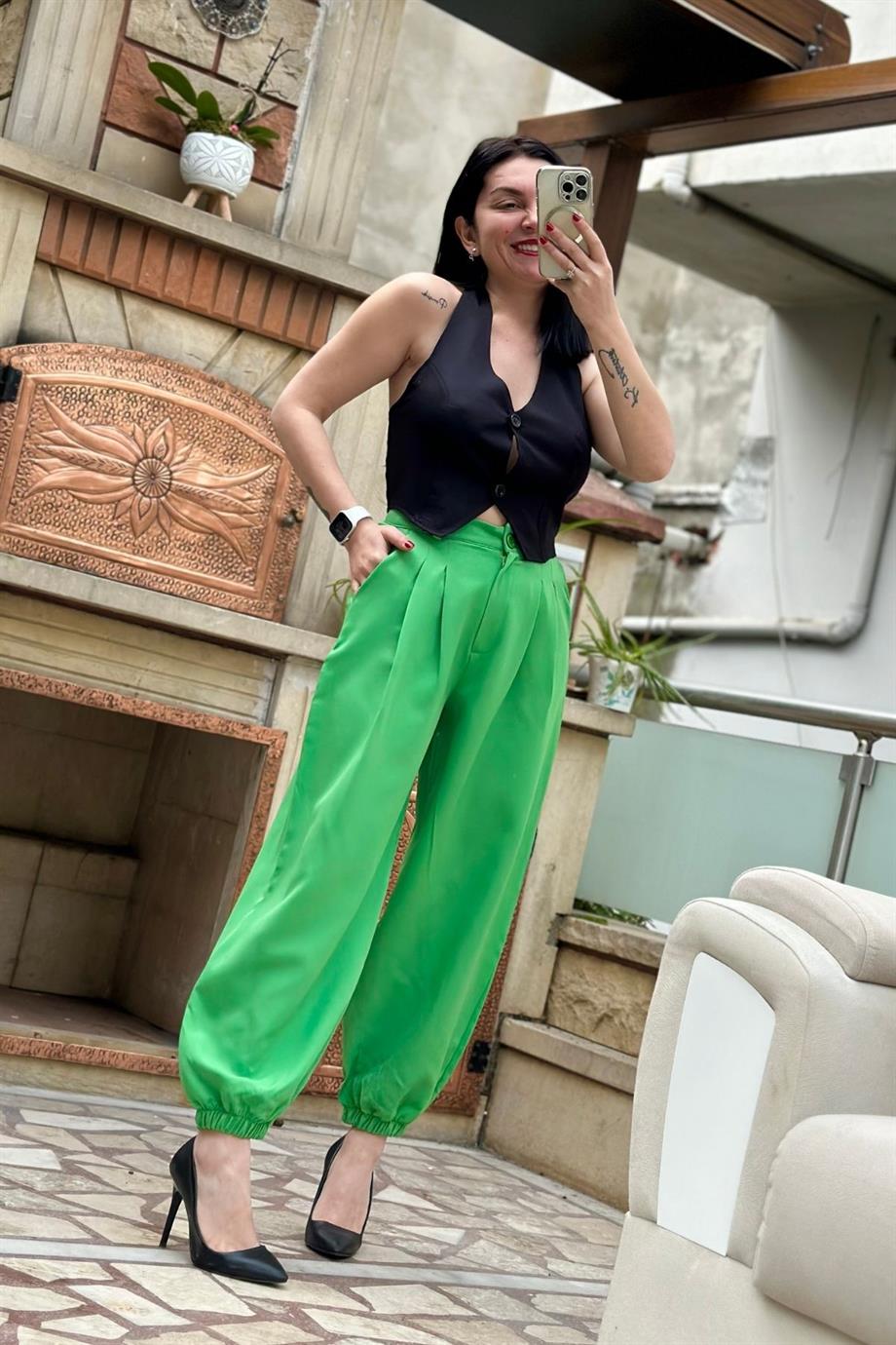 Yüksek Bel Bileği Lastik Şalvar Pantolon YEŞİL