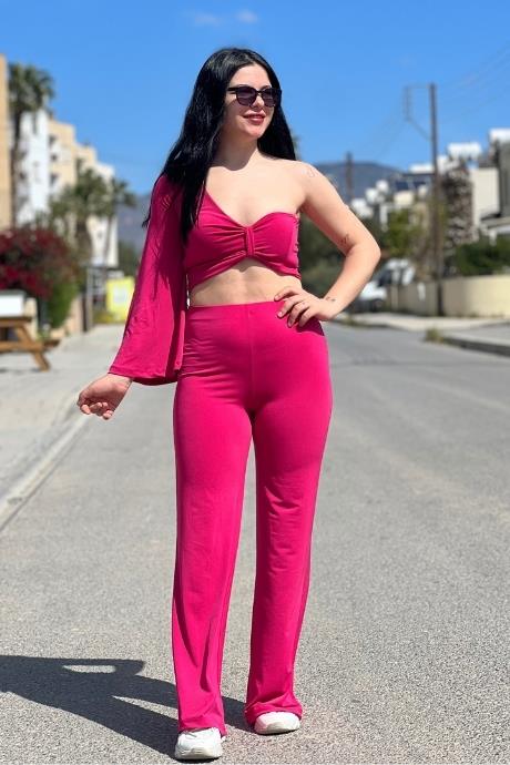 Tek Kol Yan Bağlamalı crop ve sandy Kumaş Plazzp Paça Pntolon