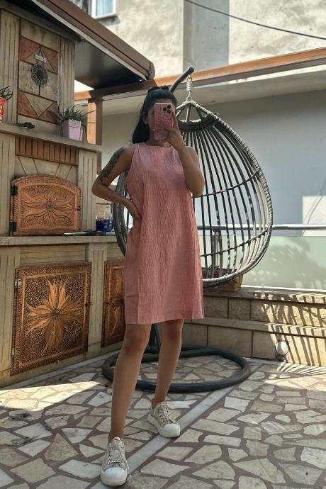 Sıfır Kol Keten Kumaş Efil Elbise Pembe