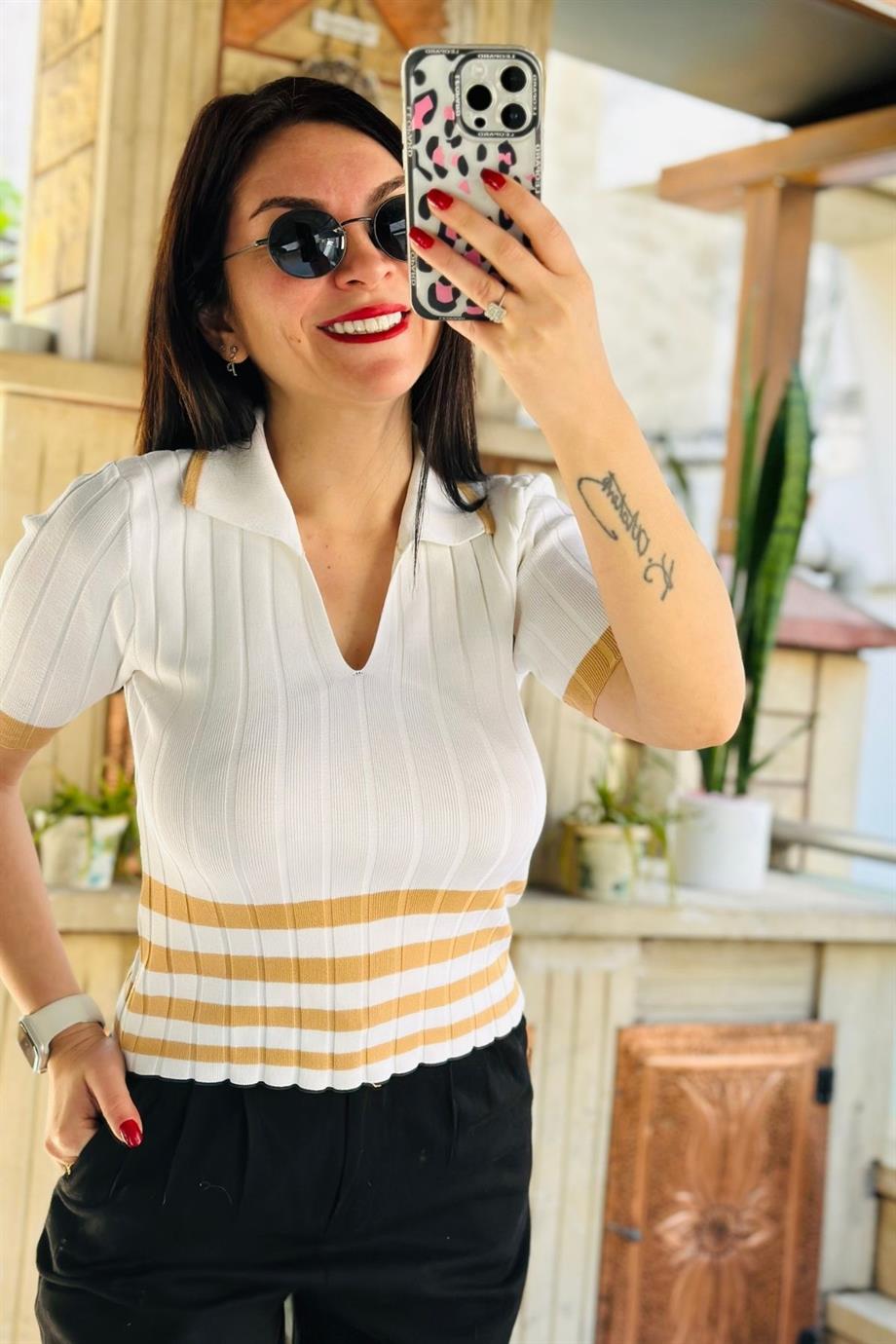 Triko Çizgili Bluz EKRU