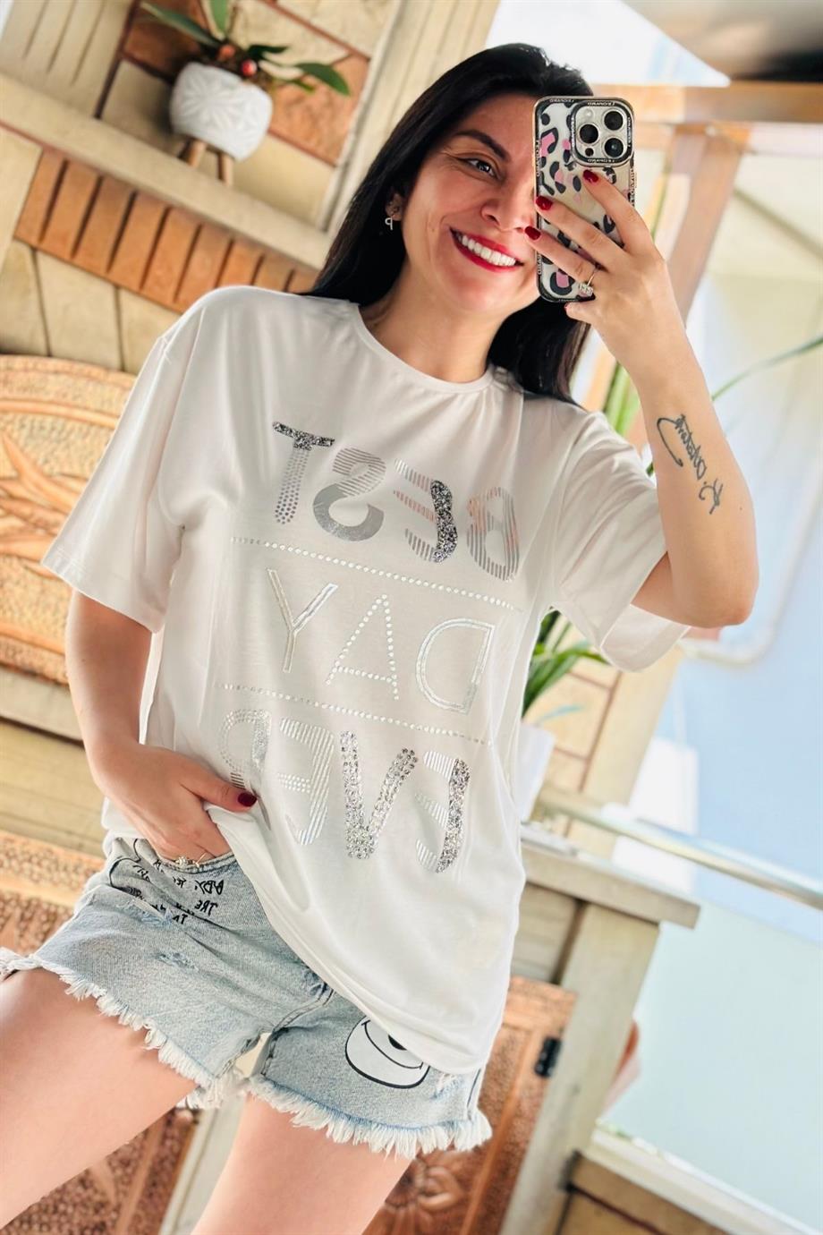 Bisiklet Yaka Gold Yazı Baskılı Tshirt GRİ