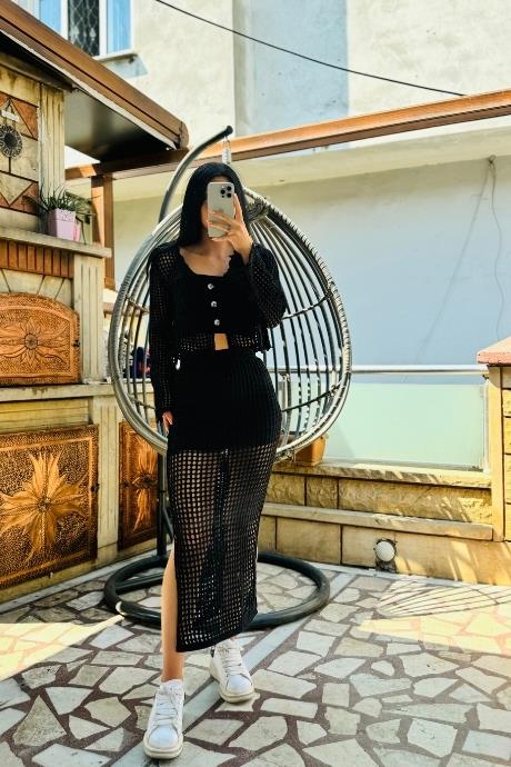 Delikli Model Triko Takım Siyah