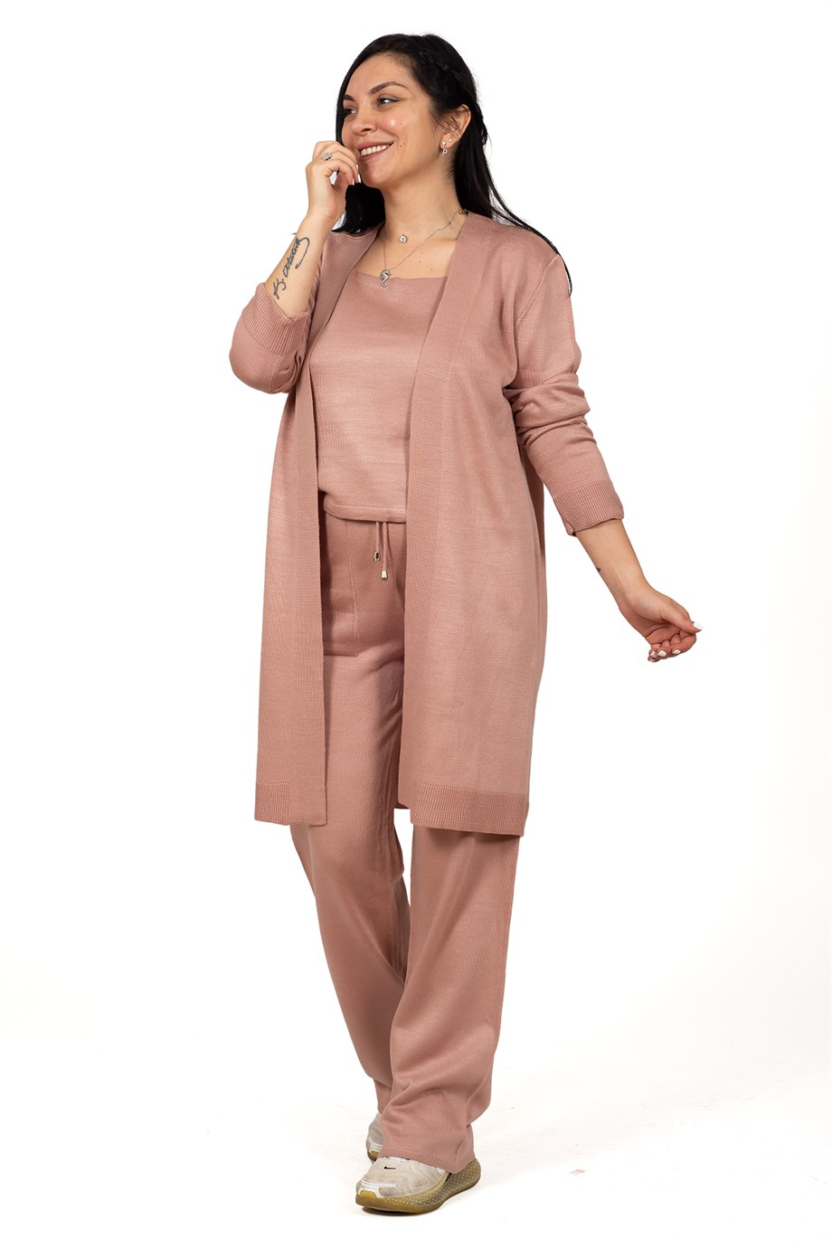 Gül Kurusu Beli Lastik Bağcıklı Crop Hırka Palazzo Pantolon 3'lü Triko Takım