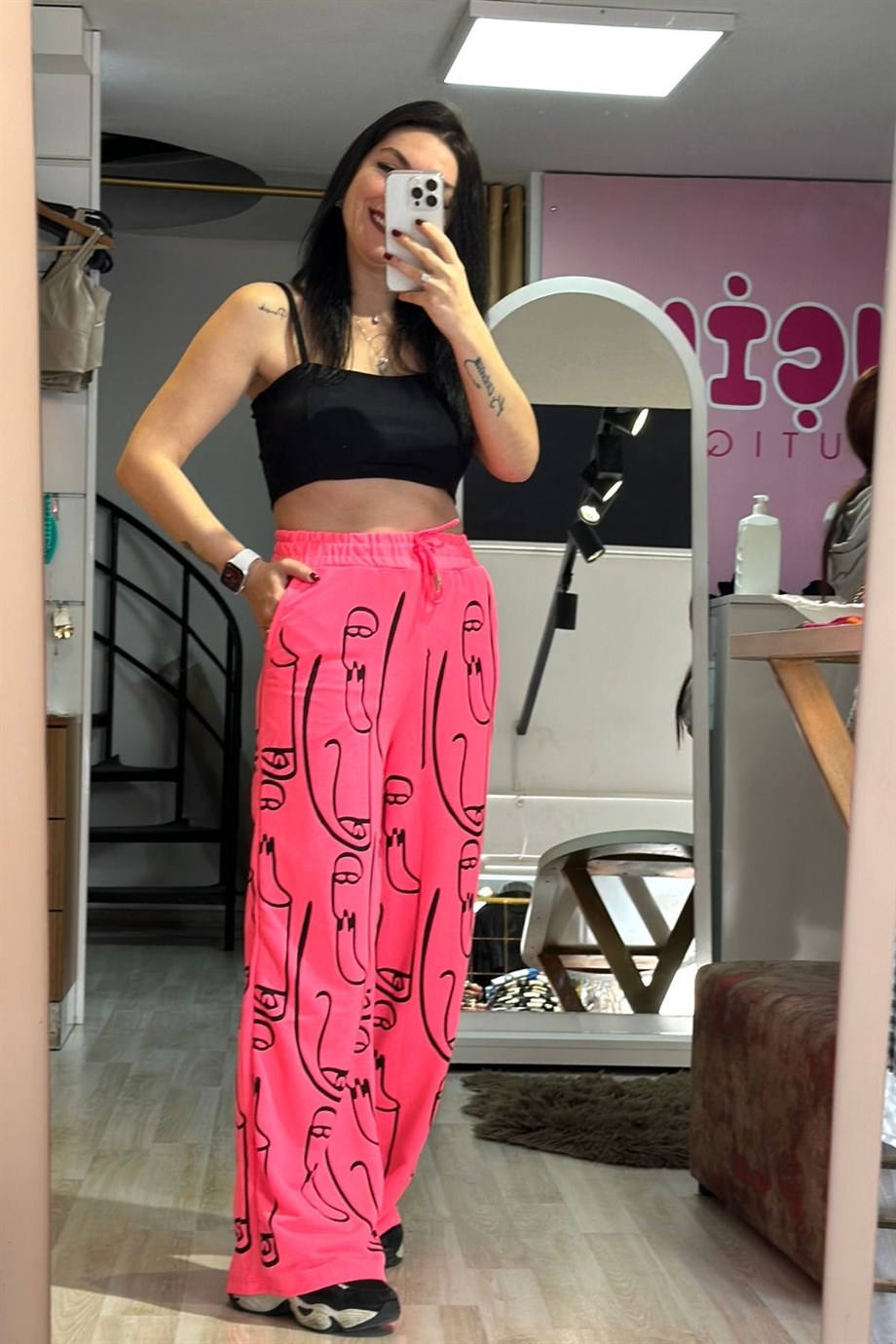 Slüet Baskılı Palazzo Model Rahat Kalıp Eşofman Fuşya