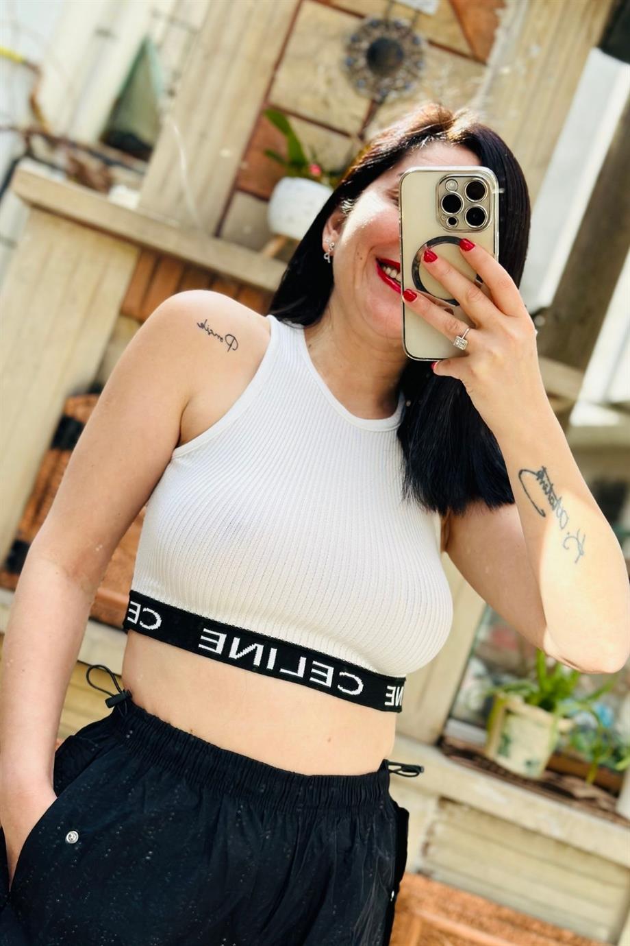 Sıfır Kol Yazılı Triko Crop