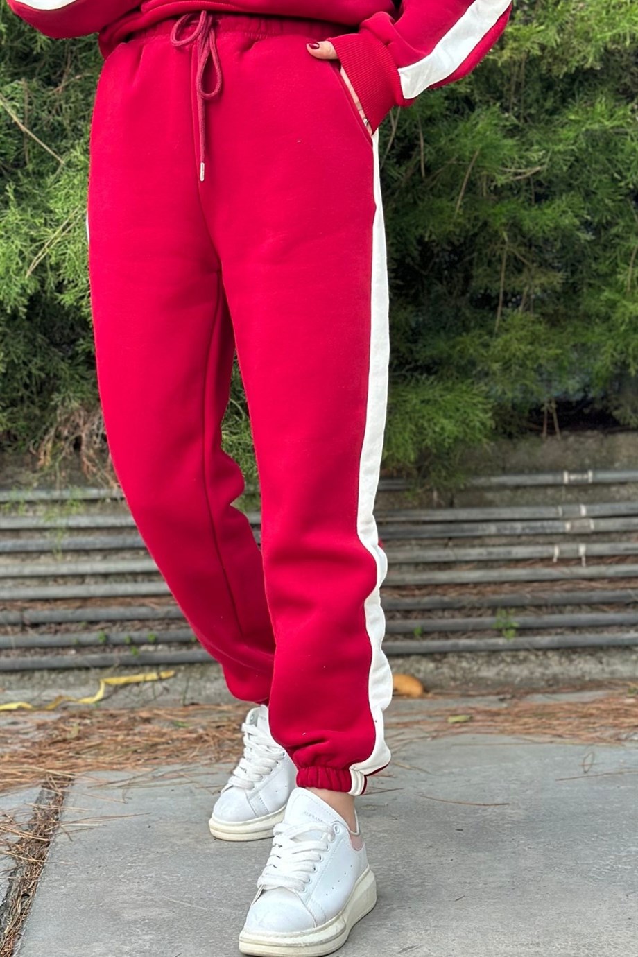 Yüksek Bel Bağcıklı Yanı Şerit Çift Renk Paça Lastik Eşofman Bordo