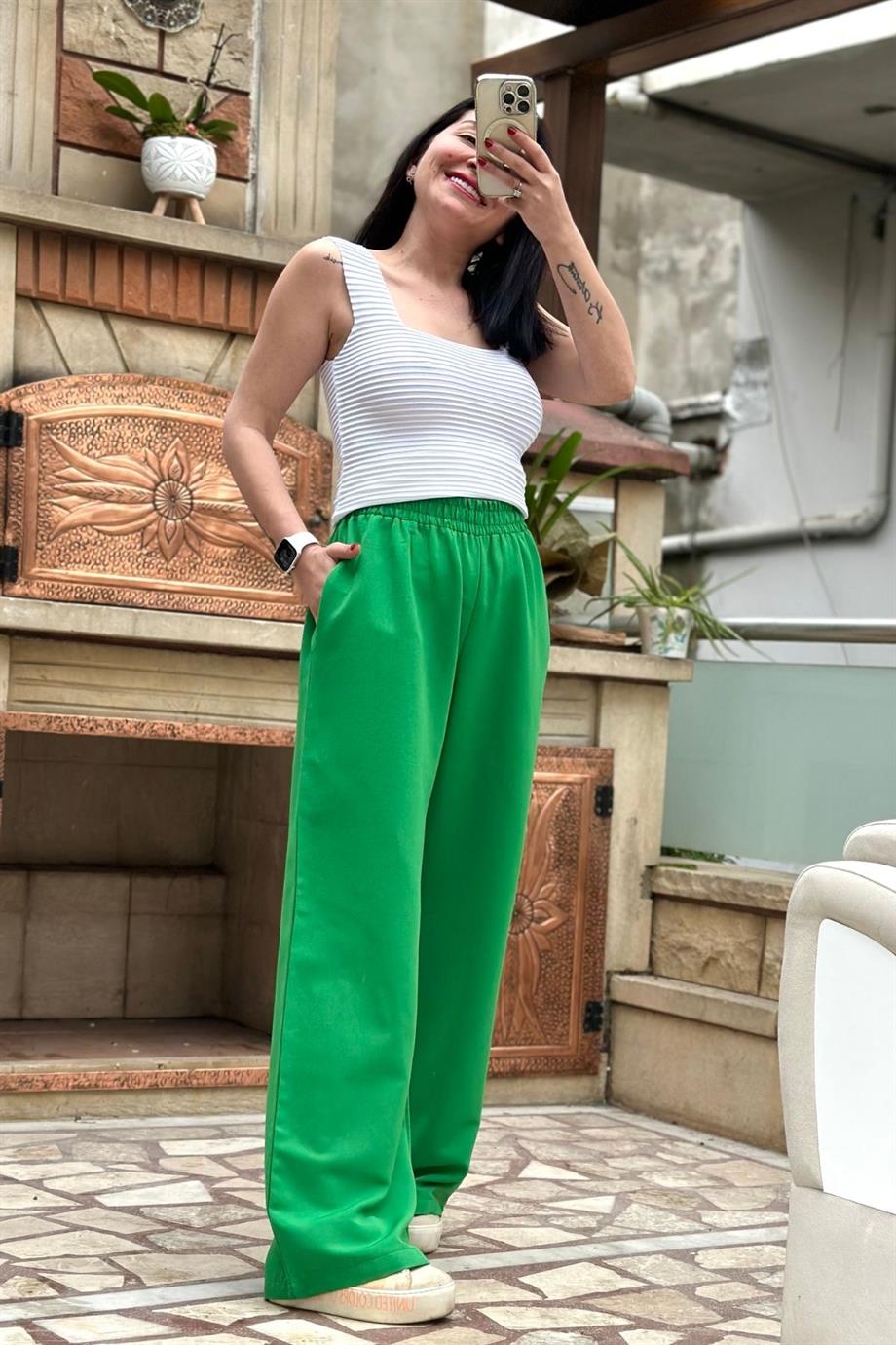 Beli Lastikli Bol Paça Keten Pantolon YEŞİL