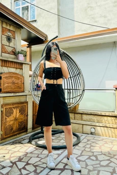 Klasik Kapri Model Tasarım Şort Ön Çarpraz Bağlamalı Crop Takım Siyah