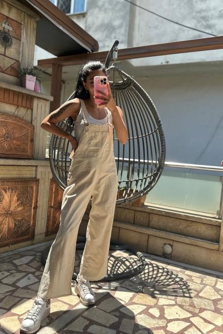 Askılı Ön Cepli Salopet Tulum BEJ