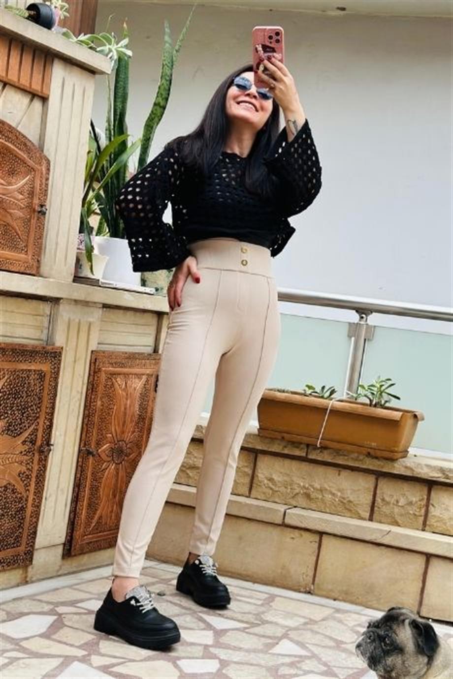 Düğme Detaylı Fitilli Tayt Pantolon BEJ