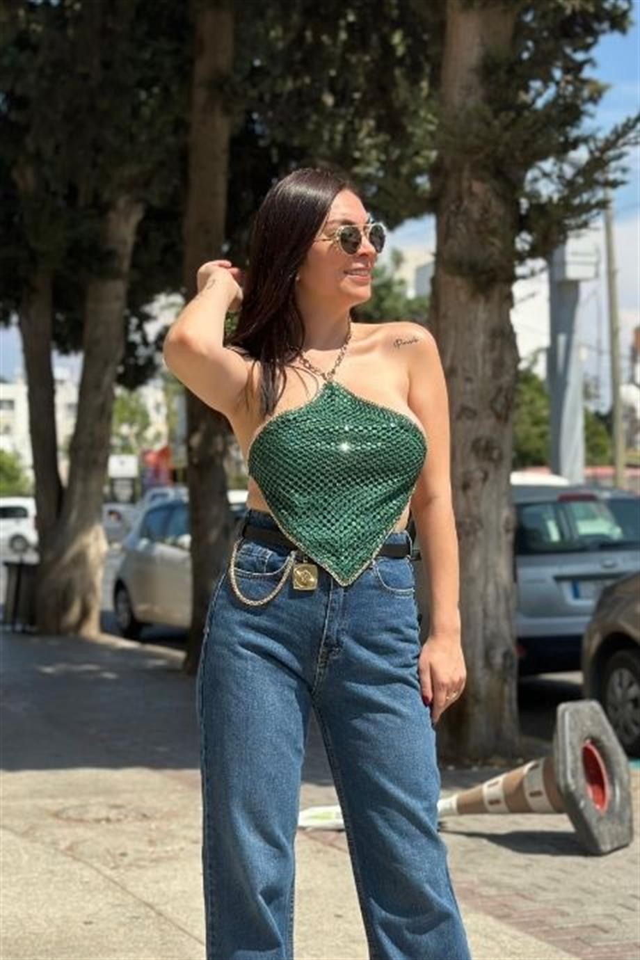 Zincirli Pullu Mendil Crop YEŞİL