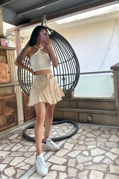Bel Kemer Detaylı Şort Etek Bej