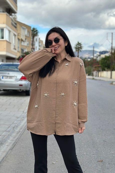 Pamuklu Keten Deniz Kabuğu Detaylı  Rahat  Kalıp Gömlek KAHVERENGİ