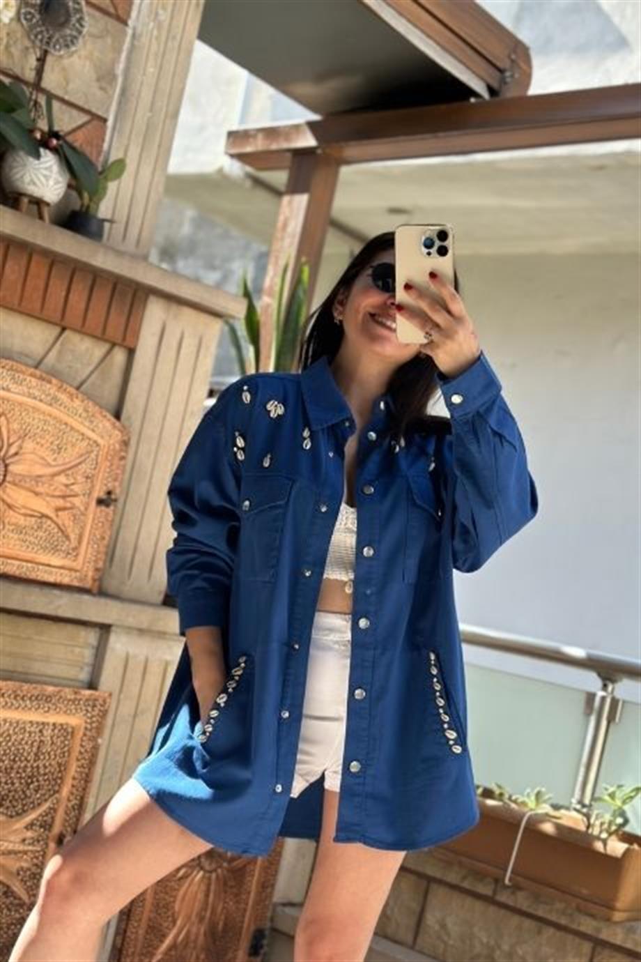 Deniz Kabuğu Ve Taş İşleme Detaylı Gabardin Gömlek İNDİGO