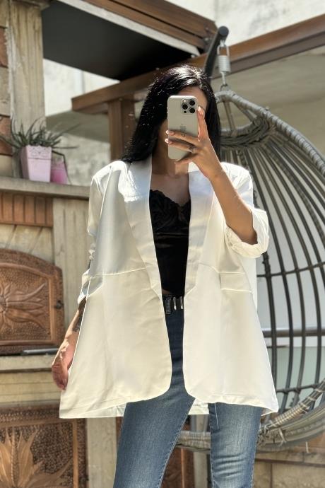 Kolları Büzgü Detaylı Ceket Beyaz
