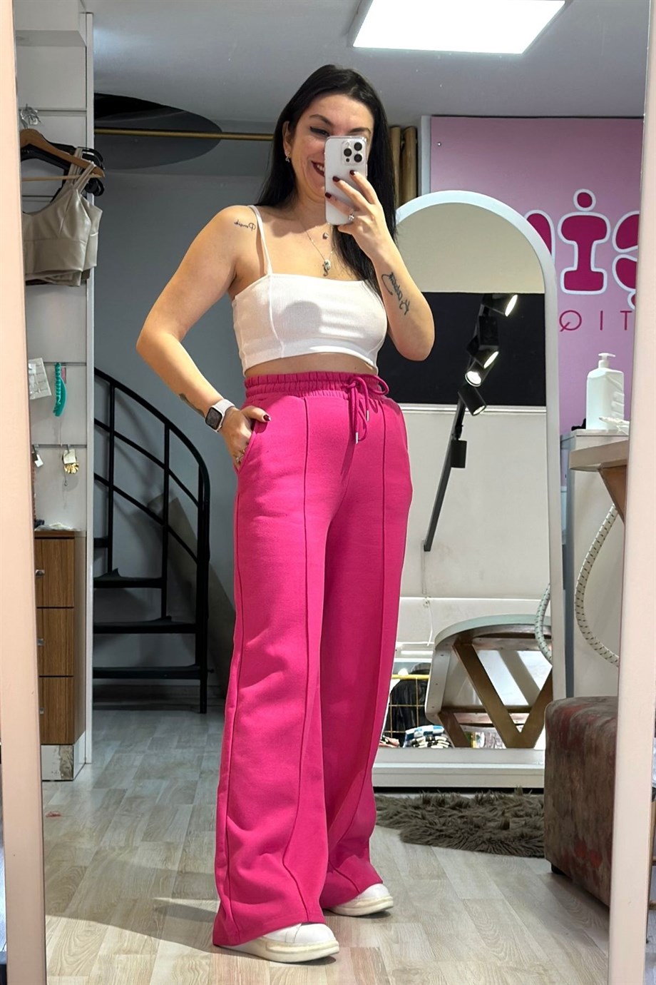 Yüksek Bel Bağcıklı Ön Çımalı Palazzo Eşofman Altı Fuşya