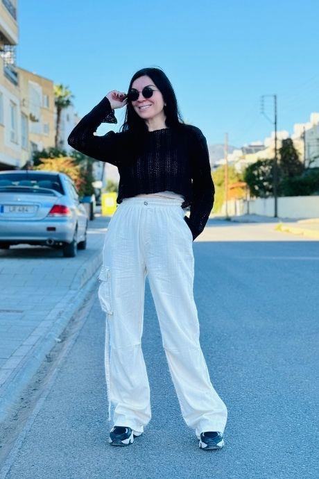 Bel Lastikli Kargo Cep Detaylı Keten Pantolon BEJ