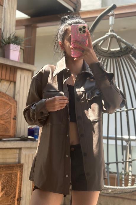 Blok Cep Detaylı Deri Gömlek Kahverengi