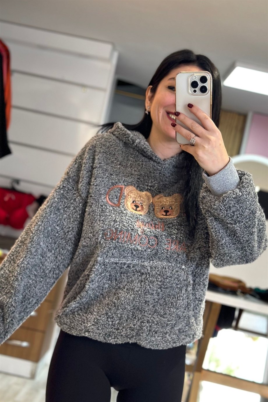 Kapüşonlu GOOD Ayıcık Nakışlı Cepli Peluş Sweatshir Gri