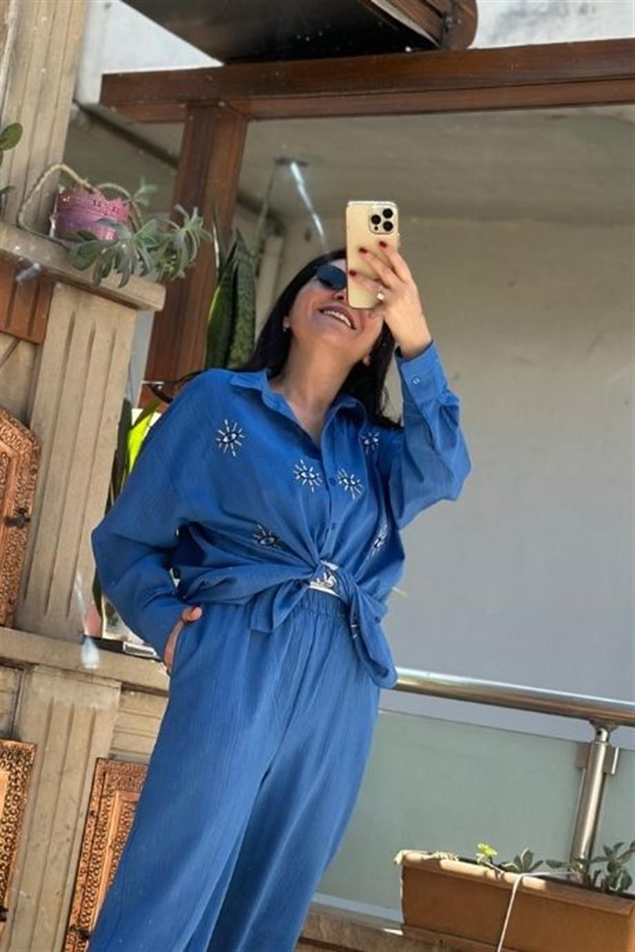 Göz Nakış İşlemeli Keten Gömlek İNDİGO