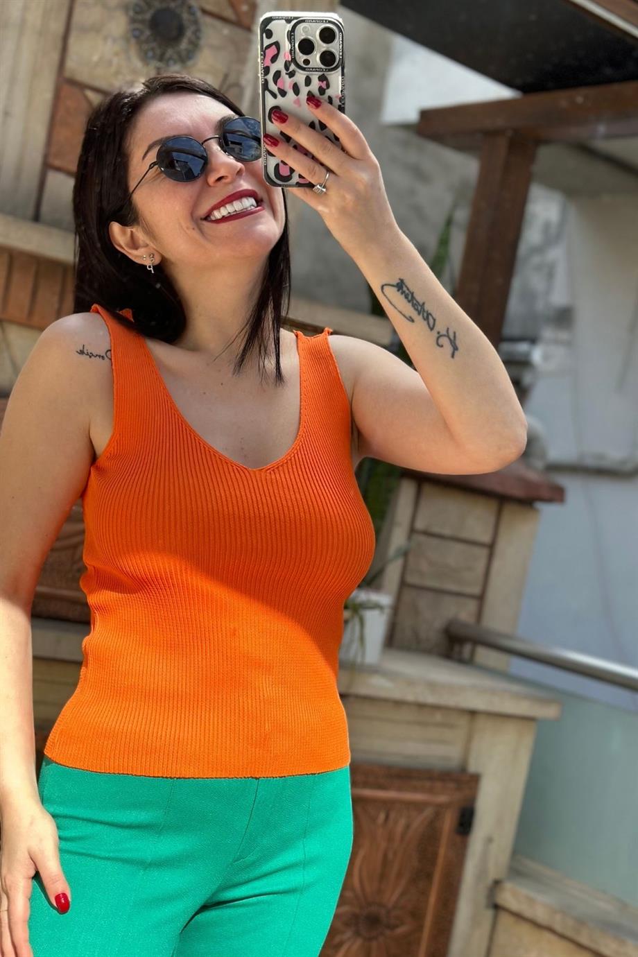 V Yaka Triko Bluz TURUNCU