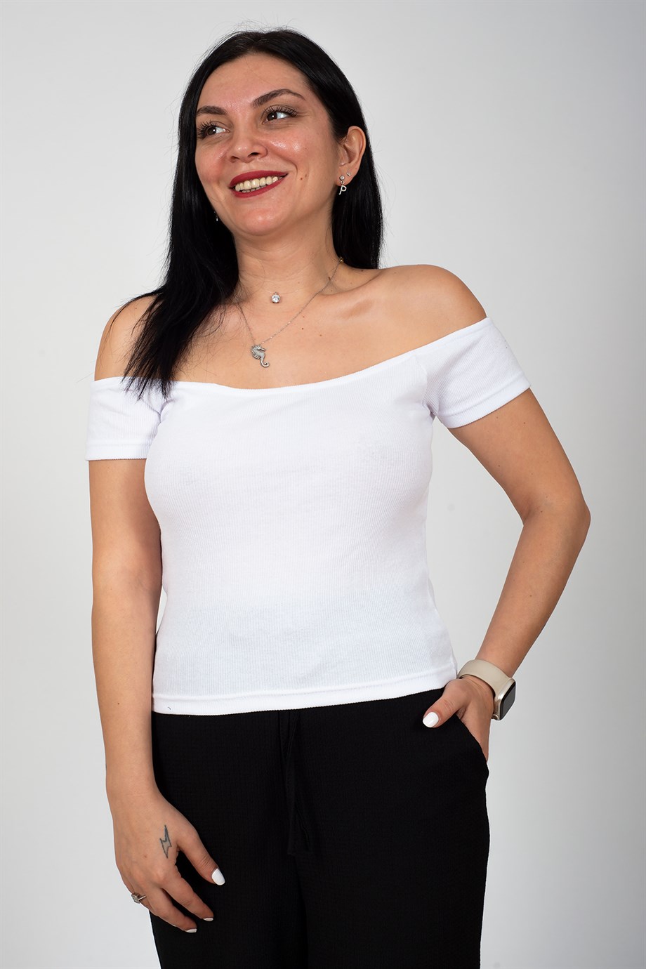 Beyaz Madonna Yaka Kaşkorse Bluz