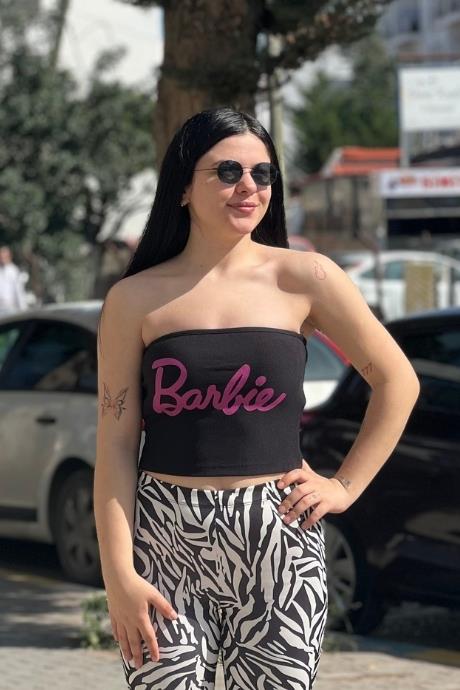 Barbie Yazılı Straplez Fitilli Crop siyah üstüne pembe