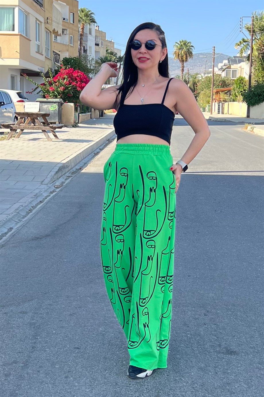 Yeşil Slüet Baskılı Palazzo Model Rahat Kalıp Eşofman