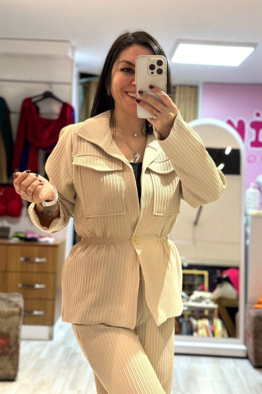 Bel Lastik Tek Düğmeli Astarlı Düz Blazer Ceket Vizon