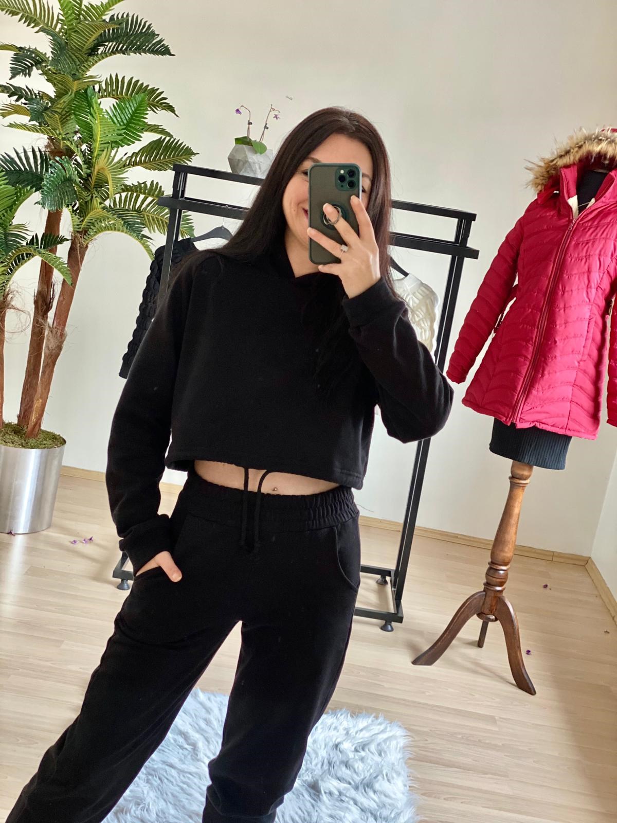 3 İplik Polar Sweat Siyah Pembe Eşofman Takımı