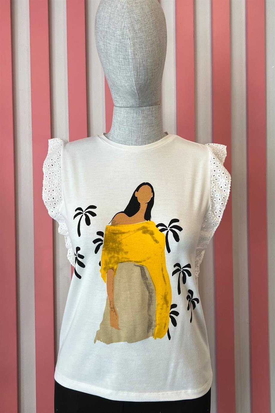 Bisiklet Yaka Kol Fisto Detaylı Kadın Baskılı Tshirt HARDAL