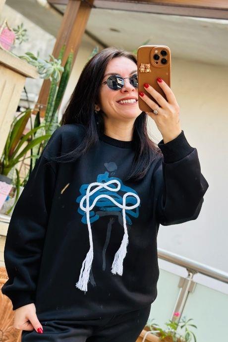 İp Nakış Detaylı Bisiklet Yaka Baskılı Sweatshirt SİYAH
