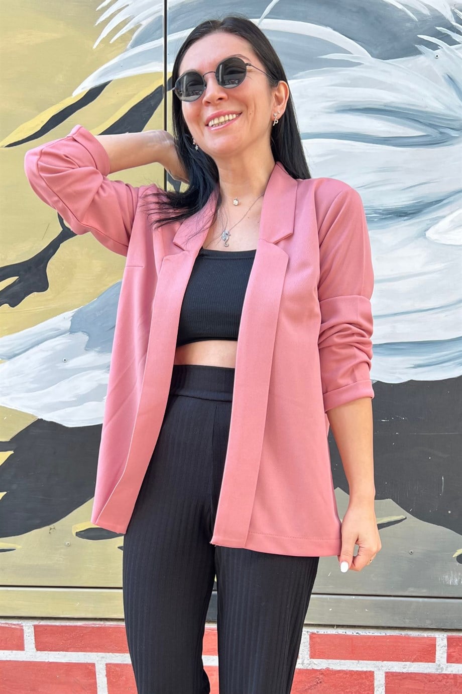 Gül Rengi Duble Yaka Duble Kol Blazer Ceket
