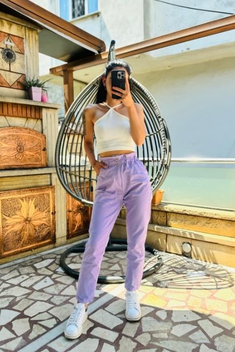 Bel Lastik Detaylı Mom Jean Lila