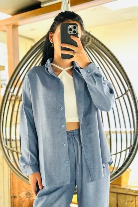 Keten Kumaş Pamuklu Basic Gömlek Buz mavi 