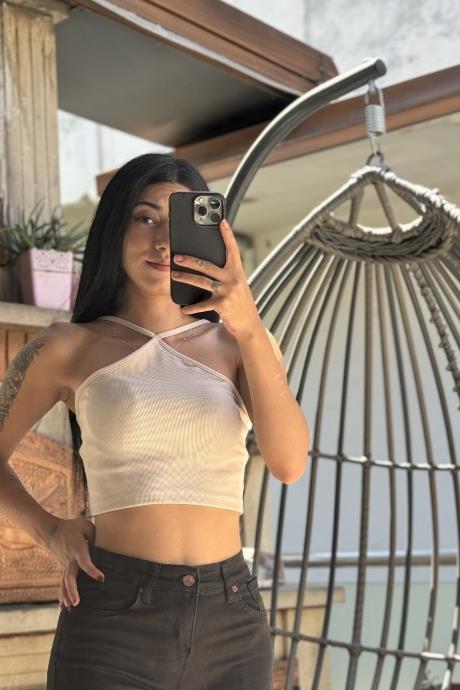 İp Askılı Kaşkorse Crop Bej