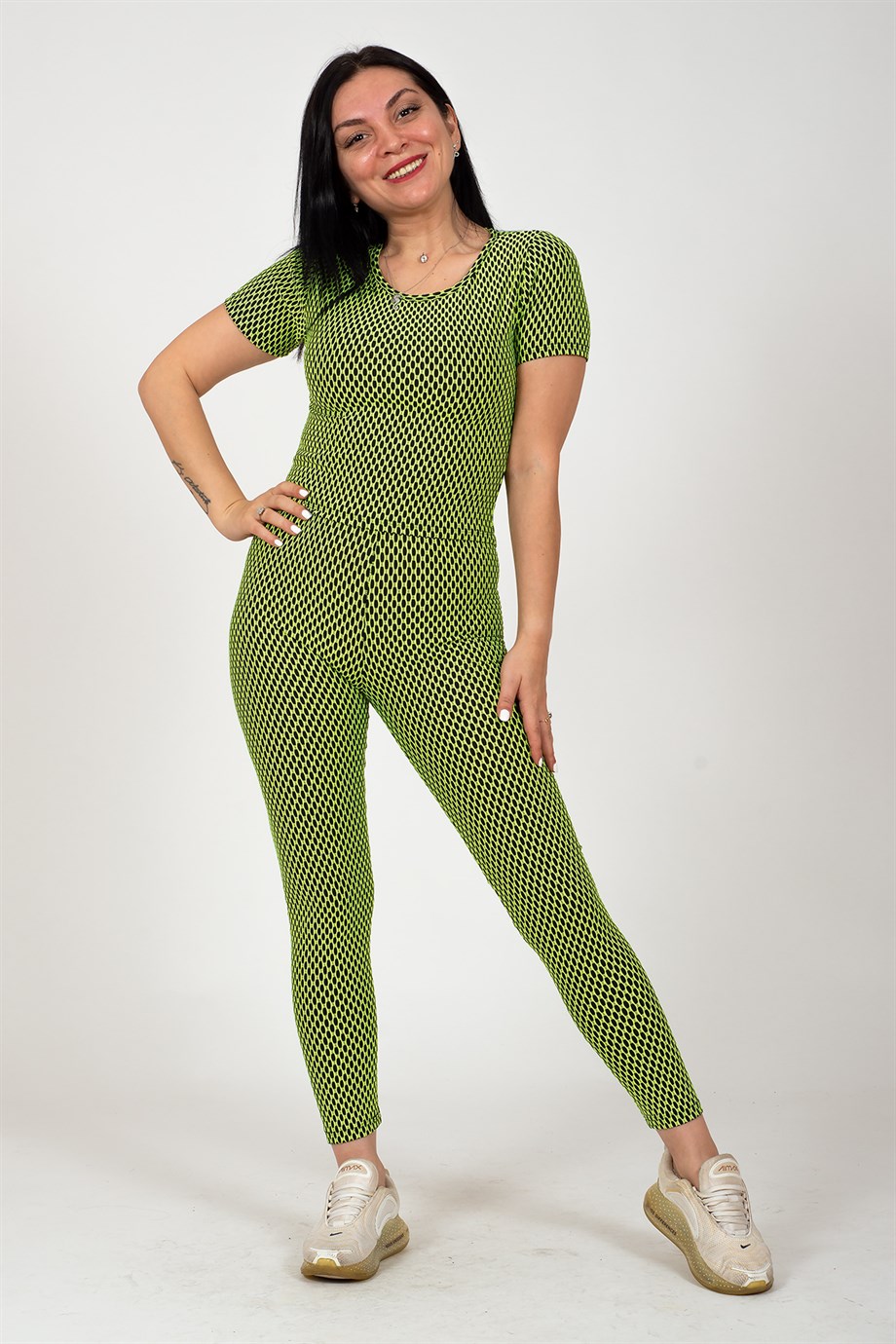 Yeşil Minik Kare Desenli Bluz Tayt Brezilya Takım