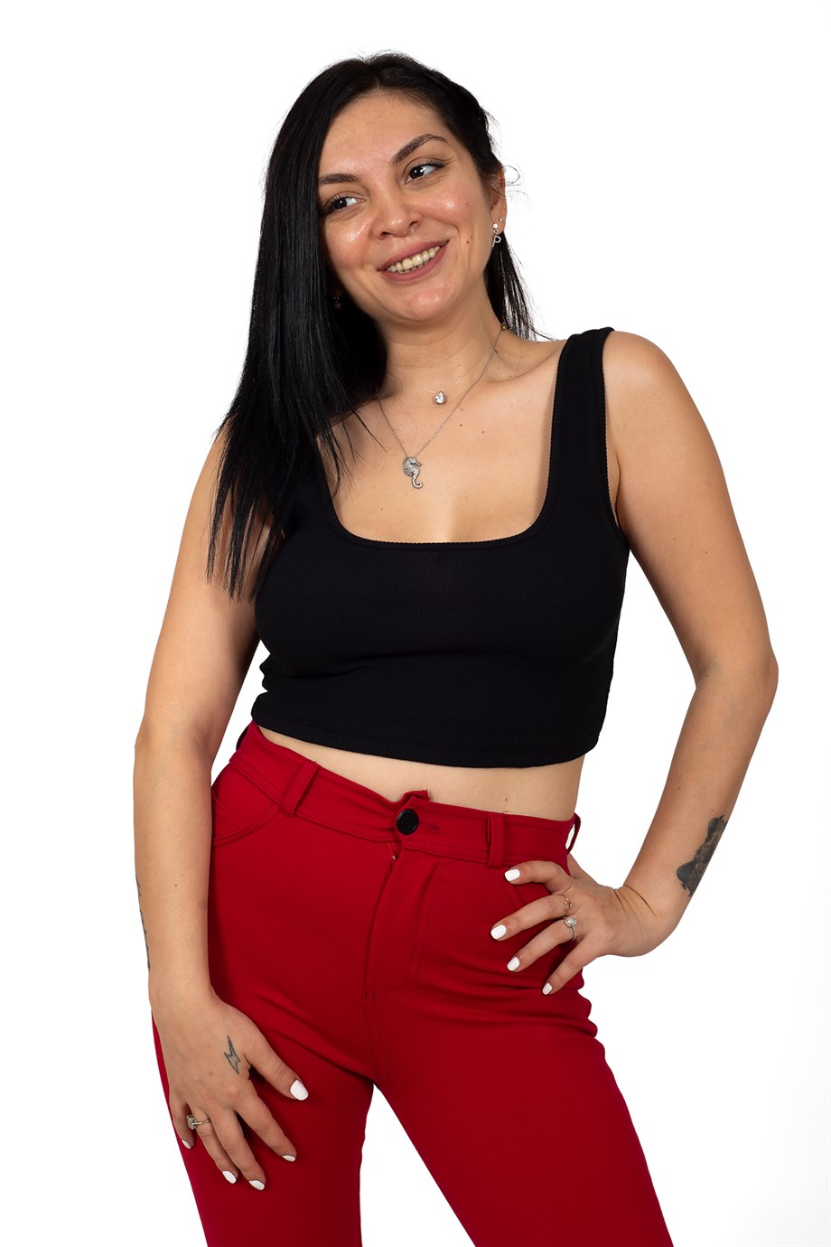 Siyah Ön Arka Kare Yaka Fitilli Kaşkorse Crop Bluz