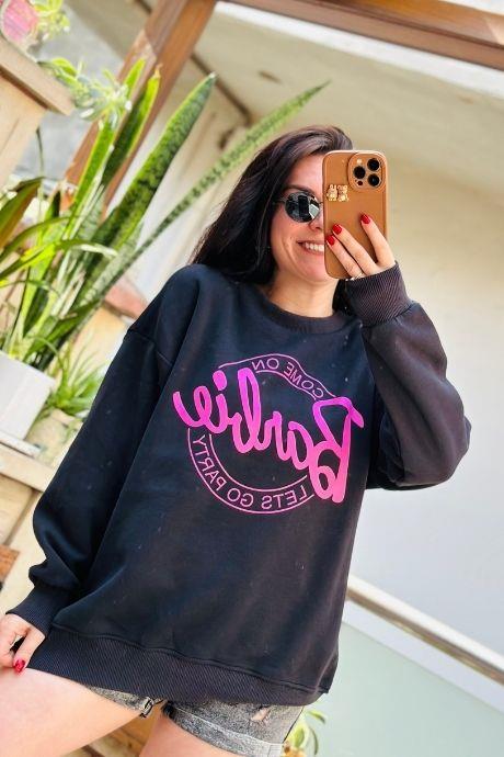 Yazı Baskılı Bisiklet Yaka Rahat Kalıp Sweatshirt SİYAH