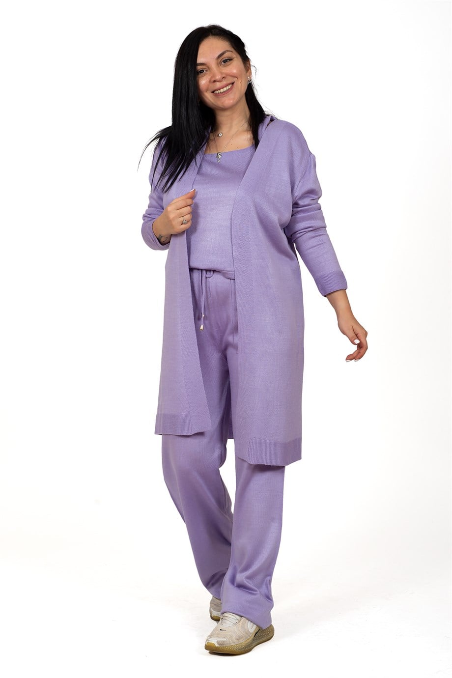 Lila Beli Lastik Bağcıklı Crop Hırka Palazzo Pantolon 3'lü Triko Takım