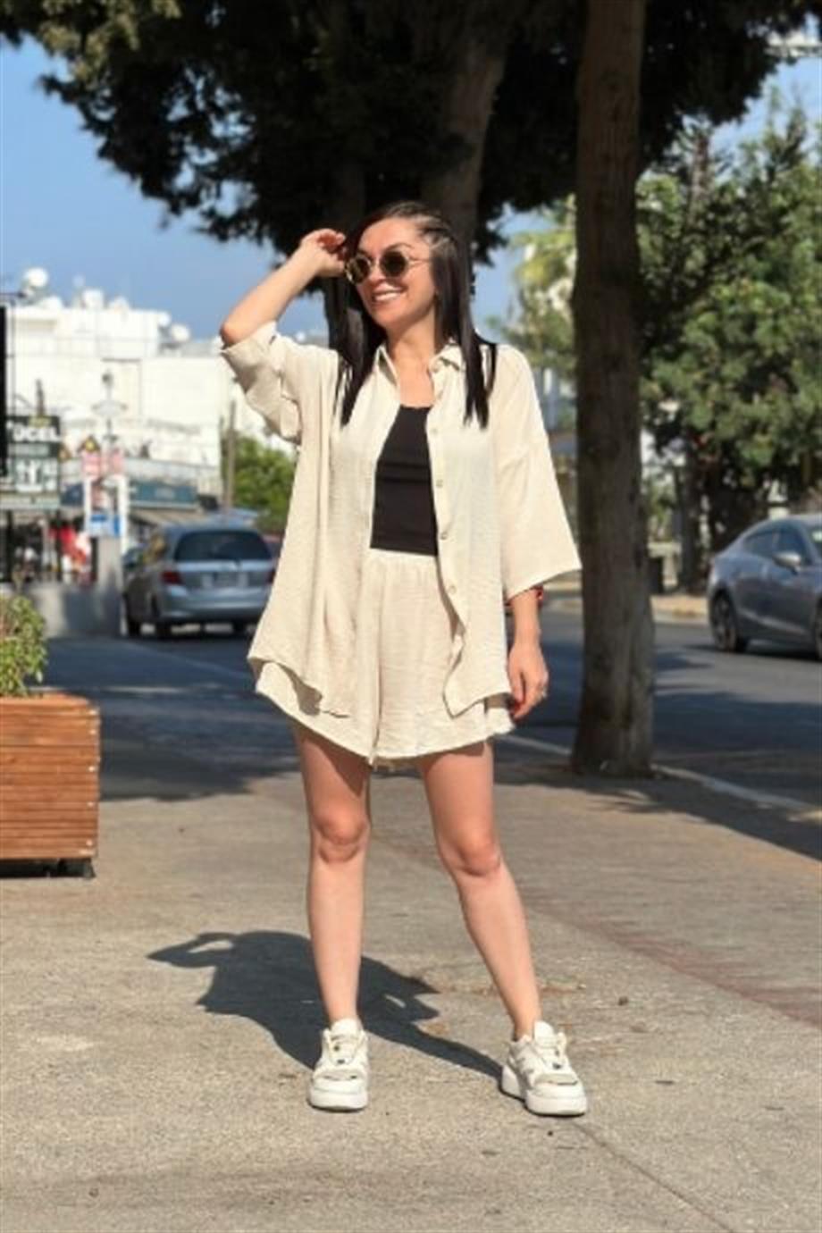 Gömlek Şort Takım Ayrobin Kumaş BEJ