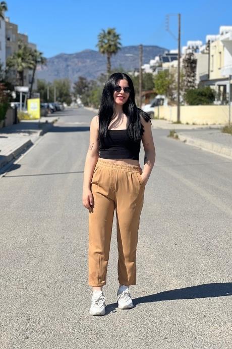 Beli Lastikli Bol Paça Kahverengi Pantolon