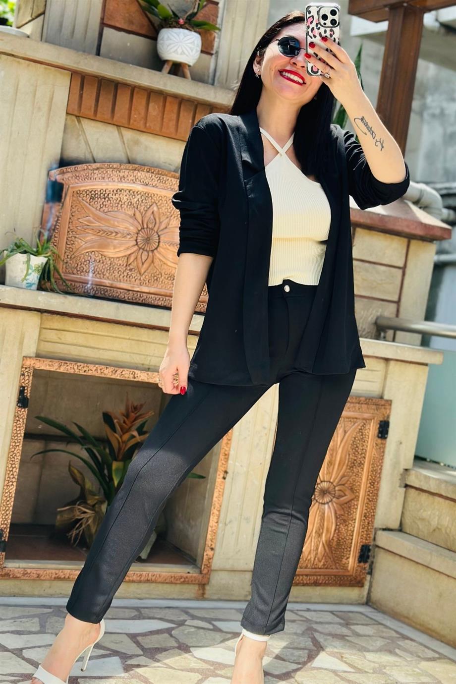 Duble Yaka Yüksek Bel Pantolon Ceket Takım Siyah