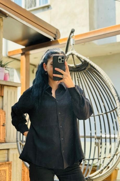 Uzun Kollu Keten Kumaş Gömlek Siyah