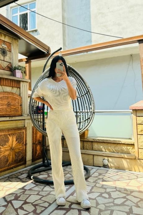 V Yaka Crop Rahat Pantolon Fitilli Kumaş Triko Takım Bej
