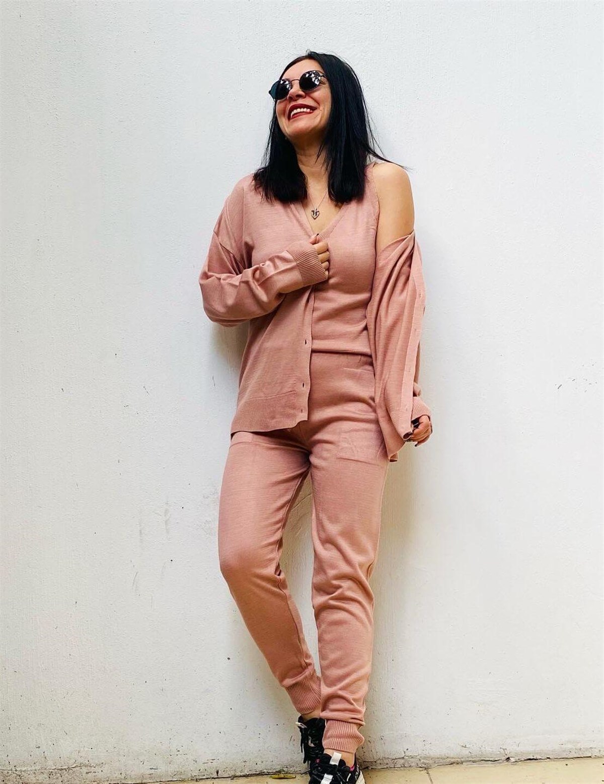 3'lü Gül Rengi Cepli Triko Takım