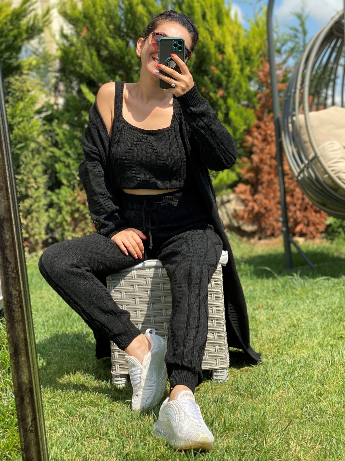 3'lü Triko Örgü Desenli Siyah Takım
