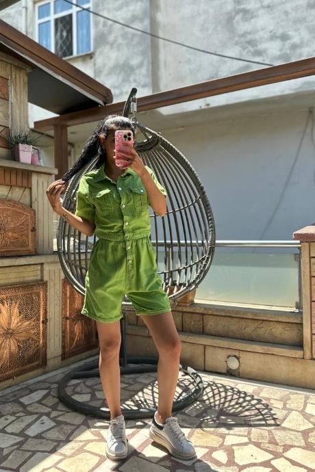 Çıtçıt Düğme Detaylı Beli Lastikli Şort Tulum Yeşil