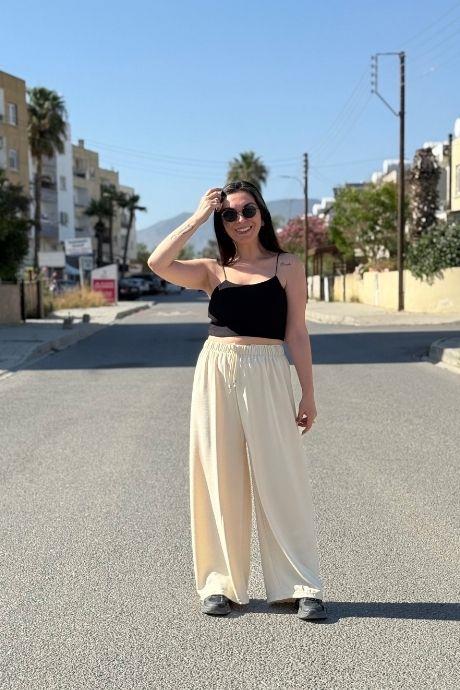 Bel Lastikli Palazzo Model Ayrobin Kumaş Pantolon Krem